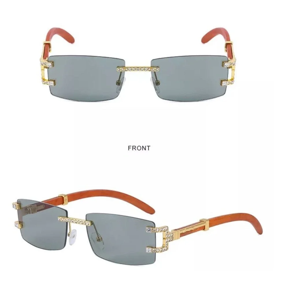 Women Gold Rimless Rectangle Rhinestone Sunglasses Grey Lens Wood Grain Arms Y2K